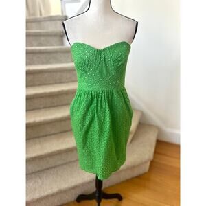 Shoshanna Kelly Green Eyelet Broderie Scallop Hem Strapless Dress